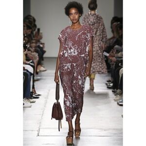 A Detacher RTW Brown & Blue “Dario” Marble Print Loose Fit Crep Midi Dress sz 6